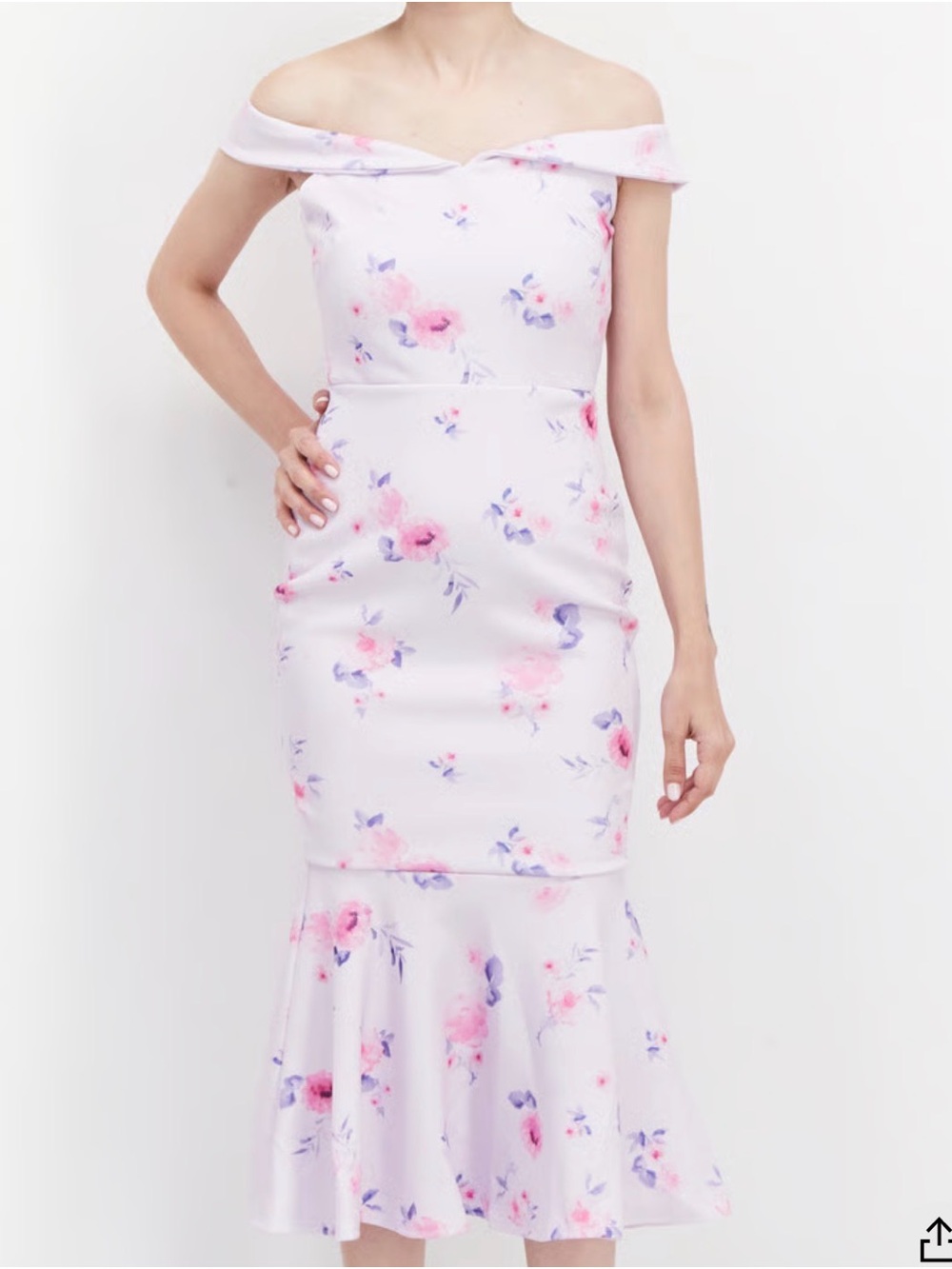 Off-Shoulder Pink Floral Midi Dress with Fitted Mermaid Silhouette
